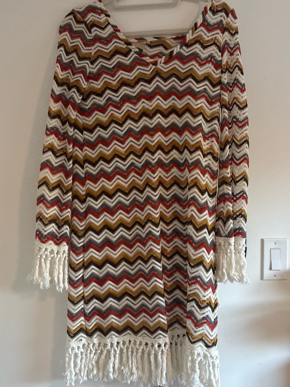 Free People Womens Chevron Fringe Knit Sweater Dress - White, Mustard & Red